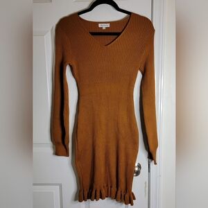 Chicwish Tan Ribbed Knit Long Sleeve Dress